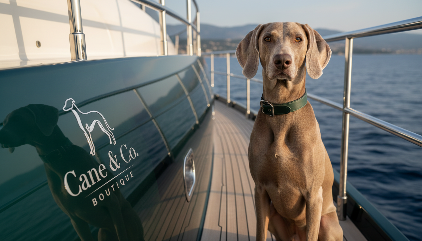 Weimaraner an Deck einer Yacht in ruhigem Abendlicht