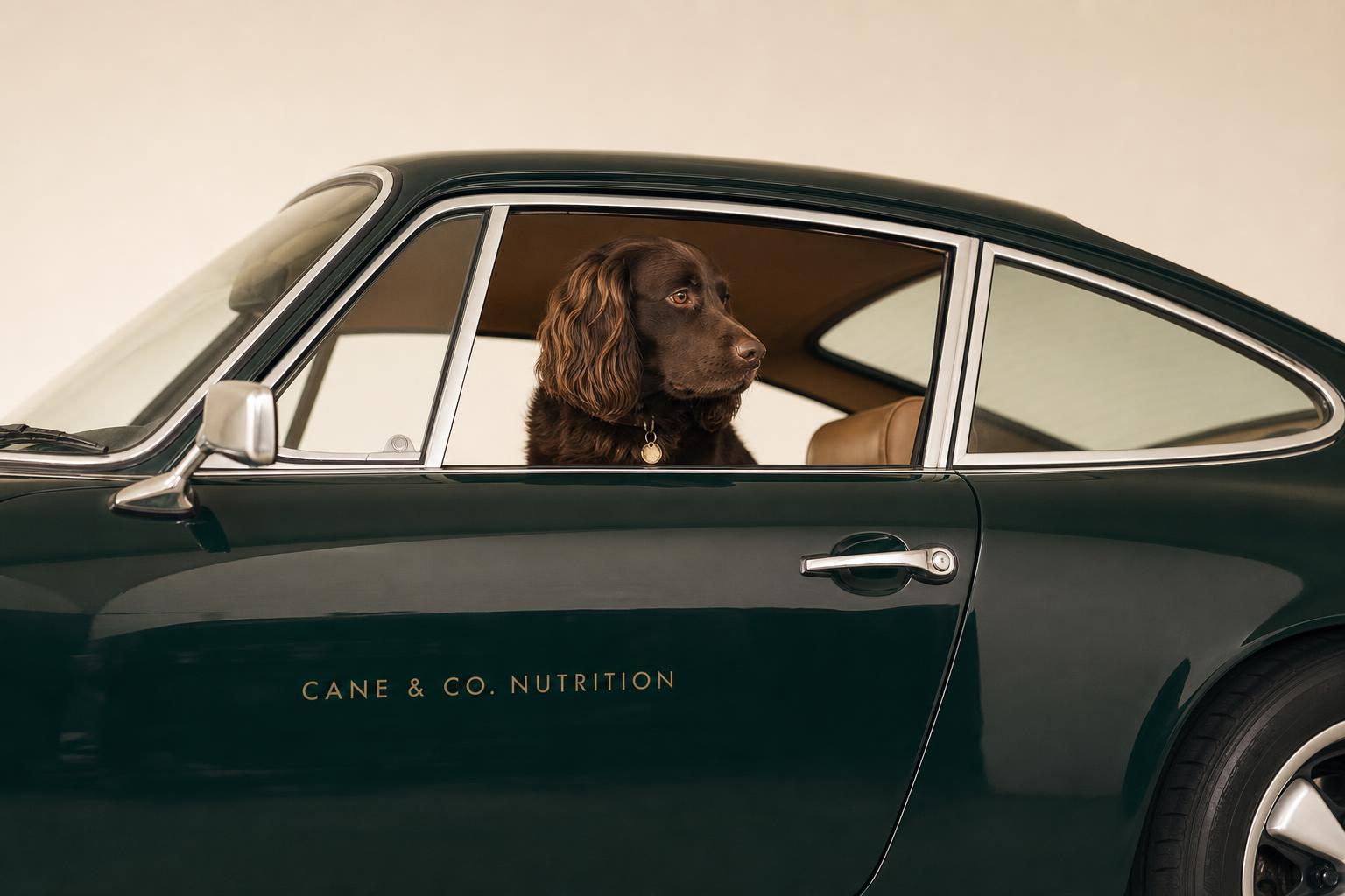 Hund schaut aus einem dunkelgrünen Porsche – Cane & Co. Nutrition